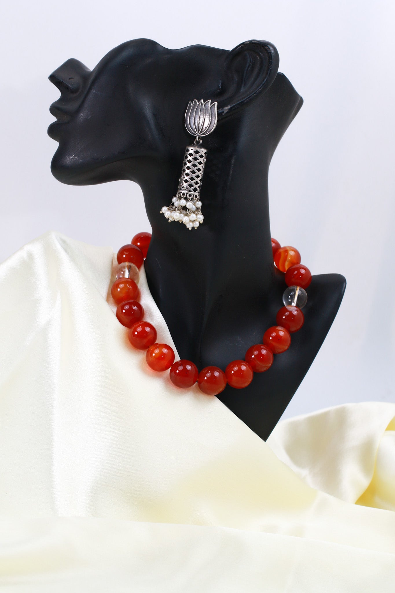 Lotus Oxidised German Silver Jhumka Earrings with Pearl Cluster Drops | Antique Finish Earrings