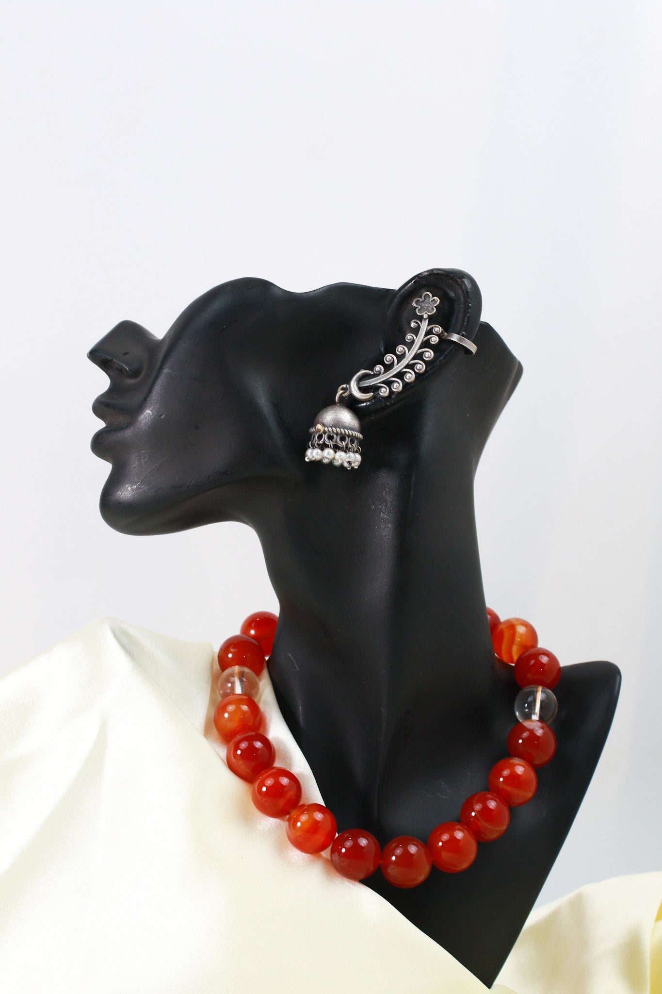 Floral Curve Oxidised German Silver Ear Cuff with Pearl Jhumka | Long Ethnic Ear Cuff