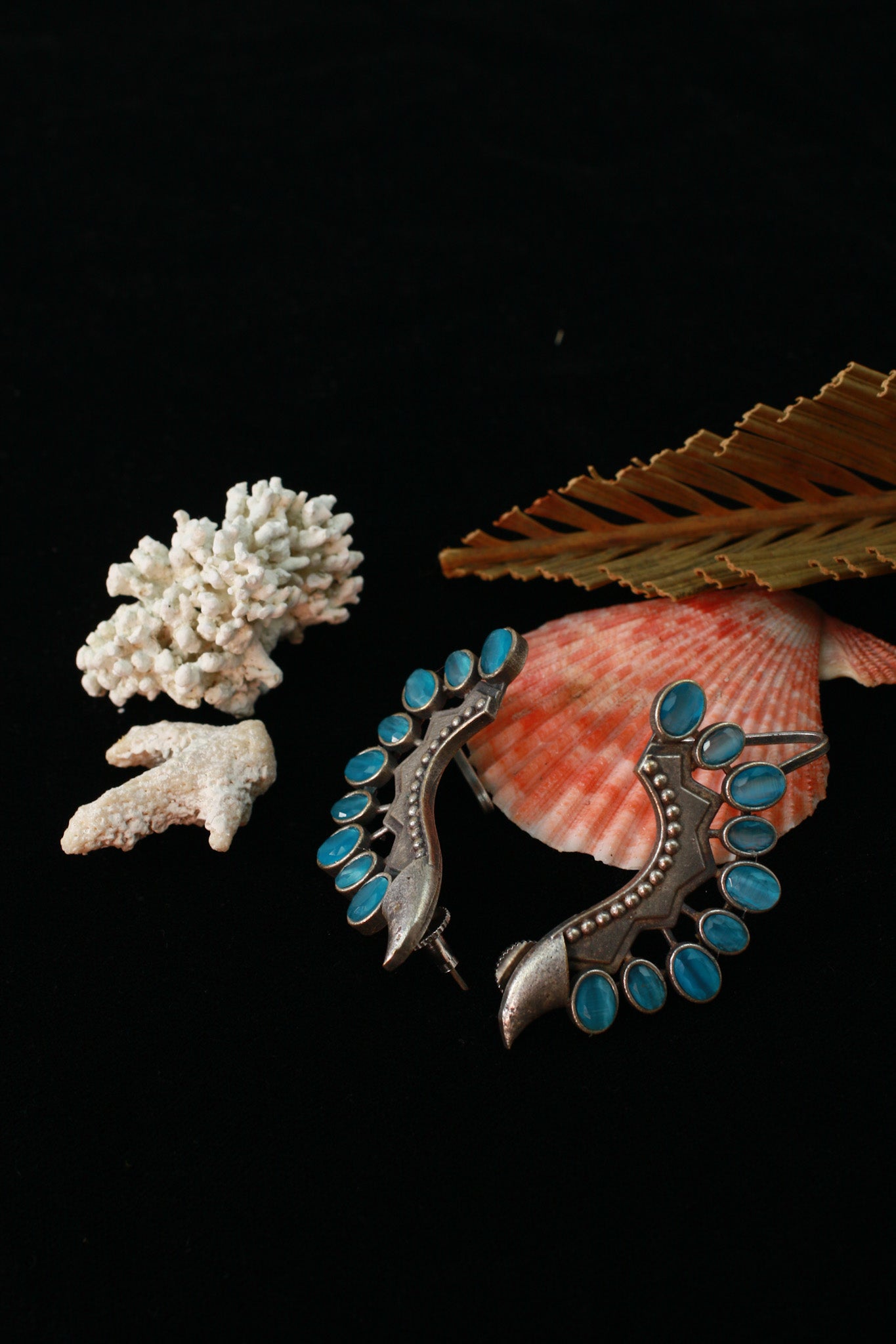 Turquoise Monalisa Stone Crescent Oxidised German Silver Earrings | Ethnic Statement Jewellery