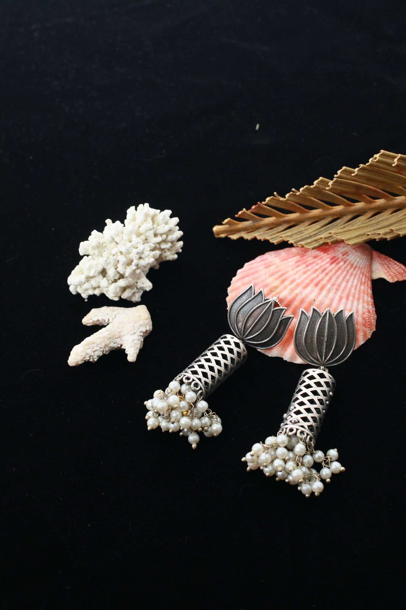 Lotus Oxidised German Silver Jhumka Earrings with Pearl Cluster Drops | Antique Finish Earrings