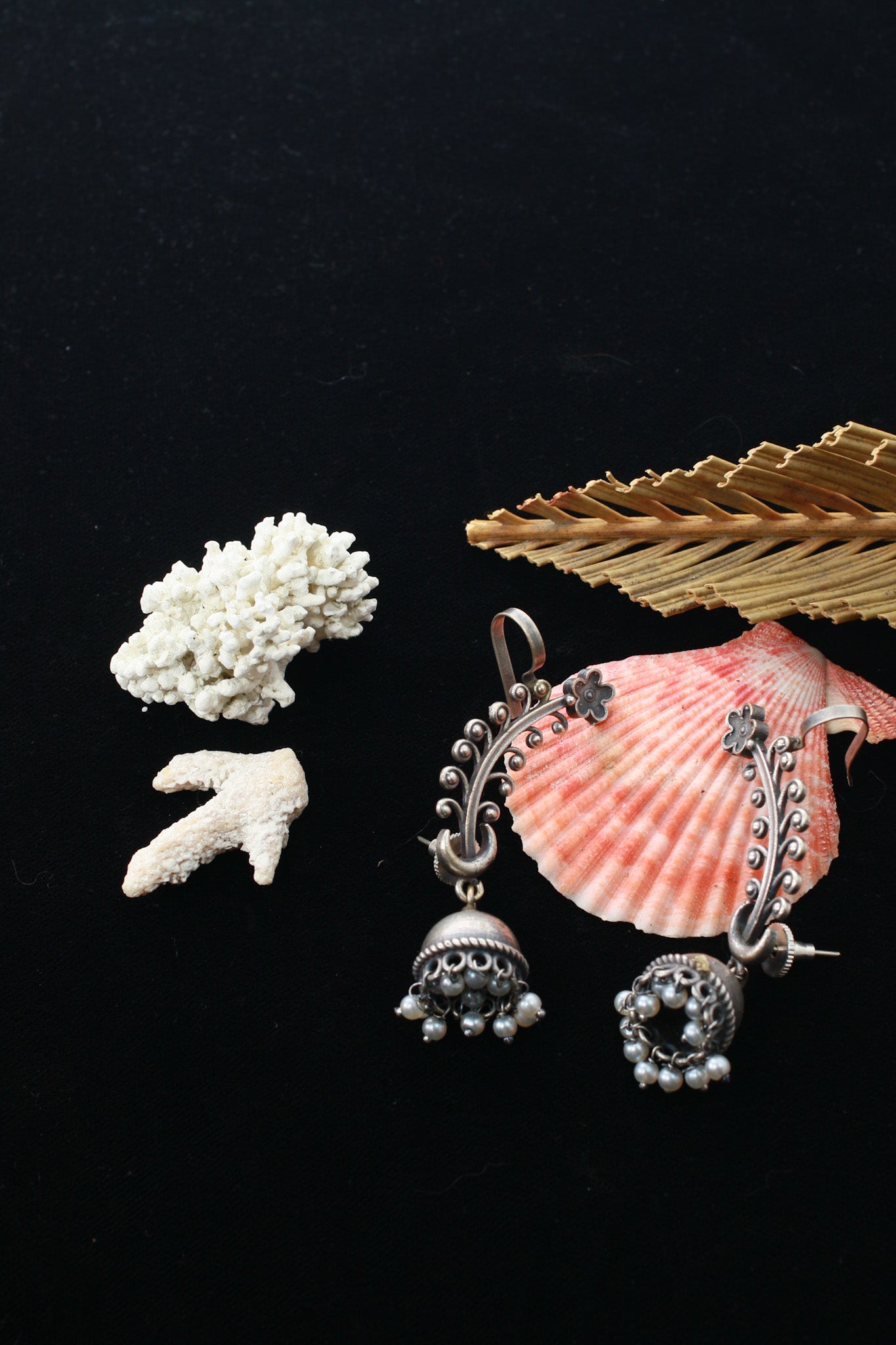 Floral Curve Oxidised German Silver Ear Cuff with Pearl Jhumka | Long Ethnic Ear Cuff