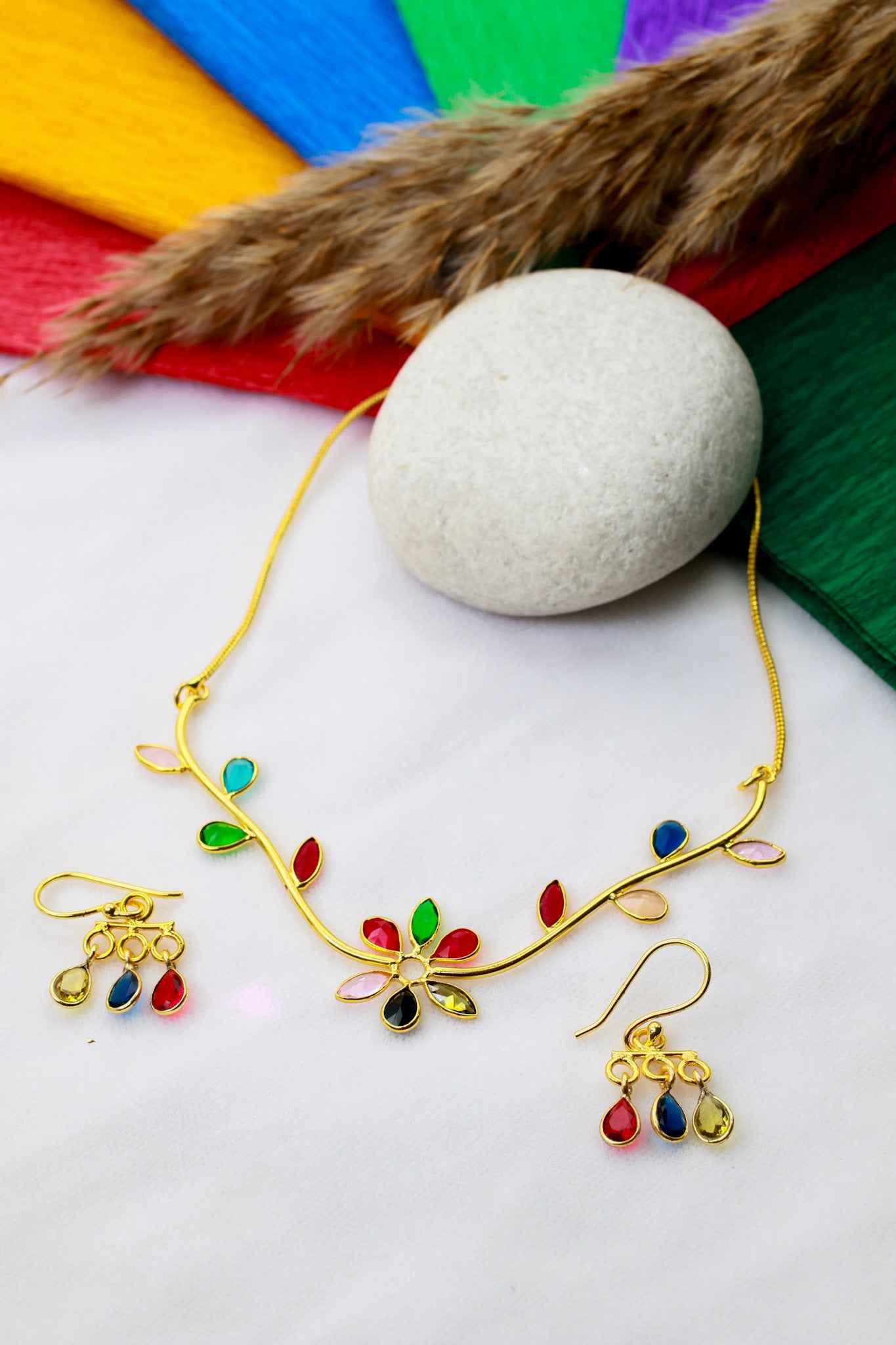 Natural Stone Multicolour Floral Necklace Set – One-of-a-Kind | Brass Gold Plated | Anti-Tarnish – anti-tarnish necklace set for women India – MaxiBlink