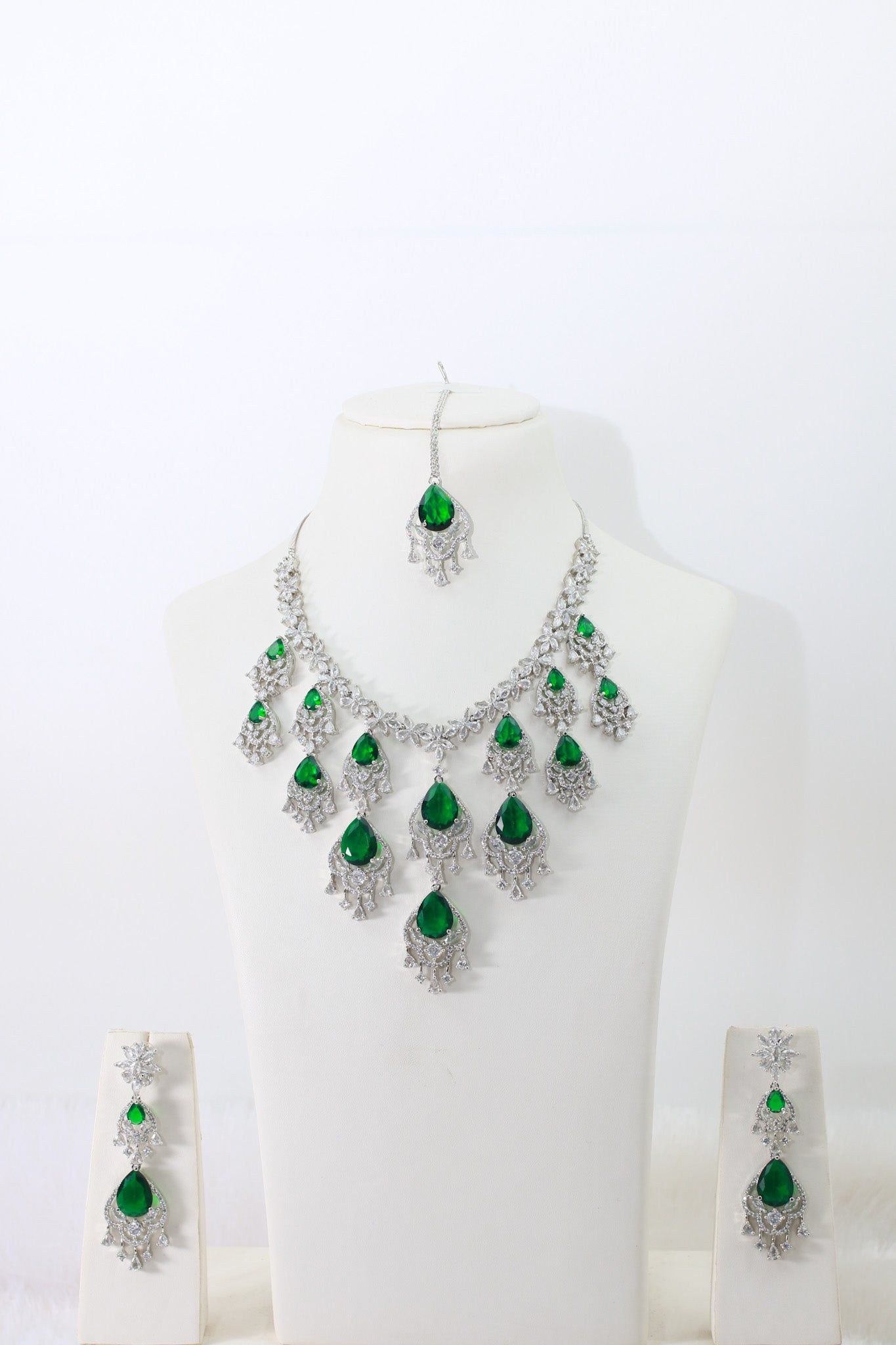 Emerald Chandbali Style Necklace Set with Crystal Drops | Royal Bridal Jewellery