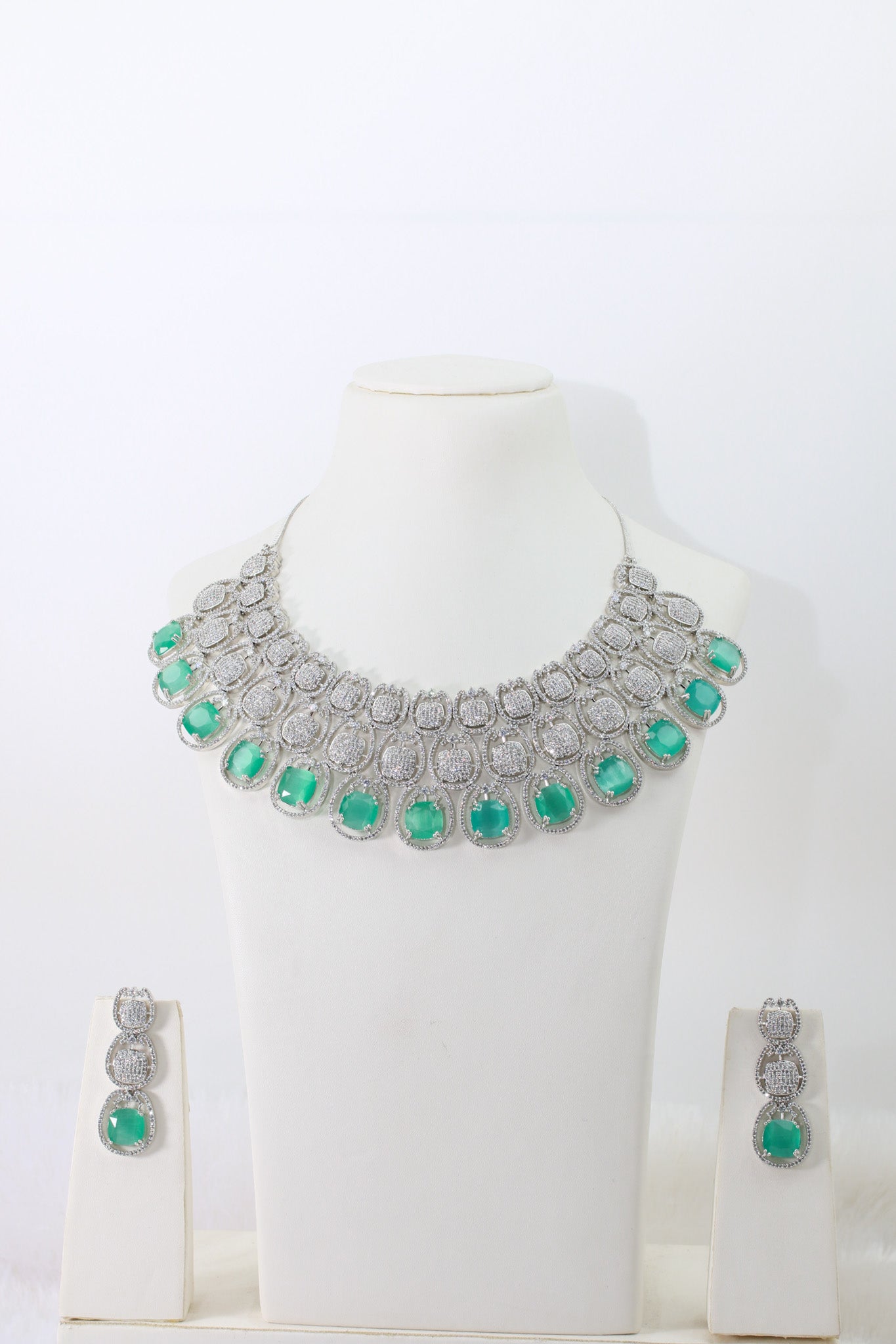 Mint Green Cushion Cut Heavy Necklace Set with Crystal Layers | Wedding Jewellery