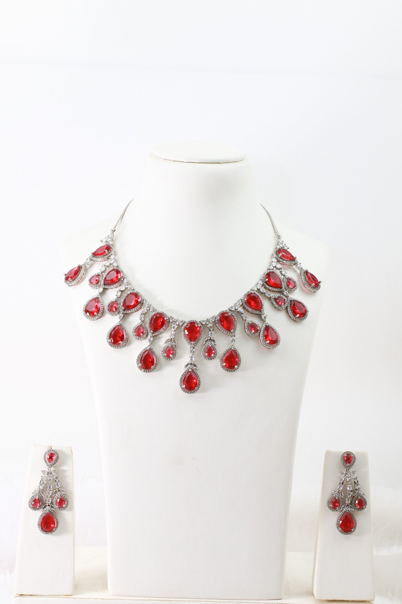 Ruby Red Teardrop Statement Necklace Set with Crystal Halo | Bridal Jewellery