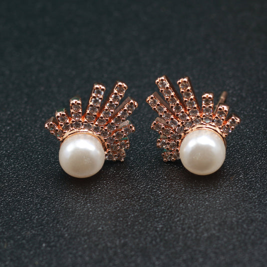 Rose Gold Fan Design Pearl Stud Earrings