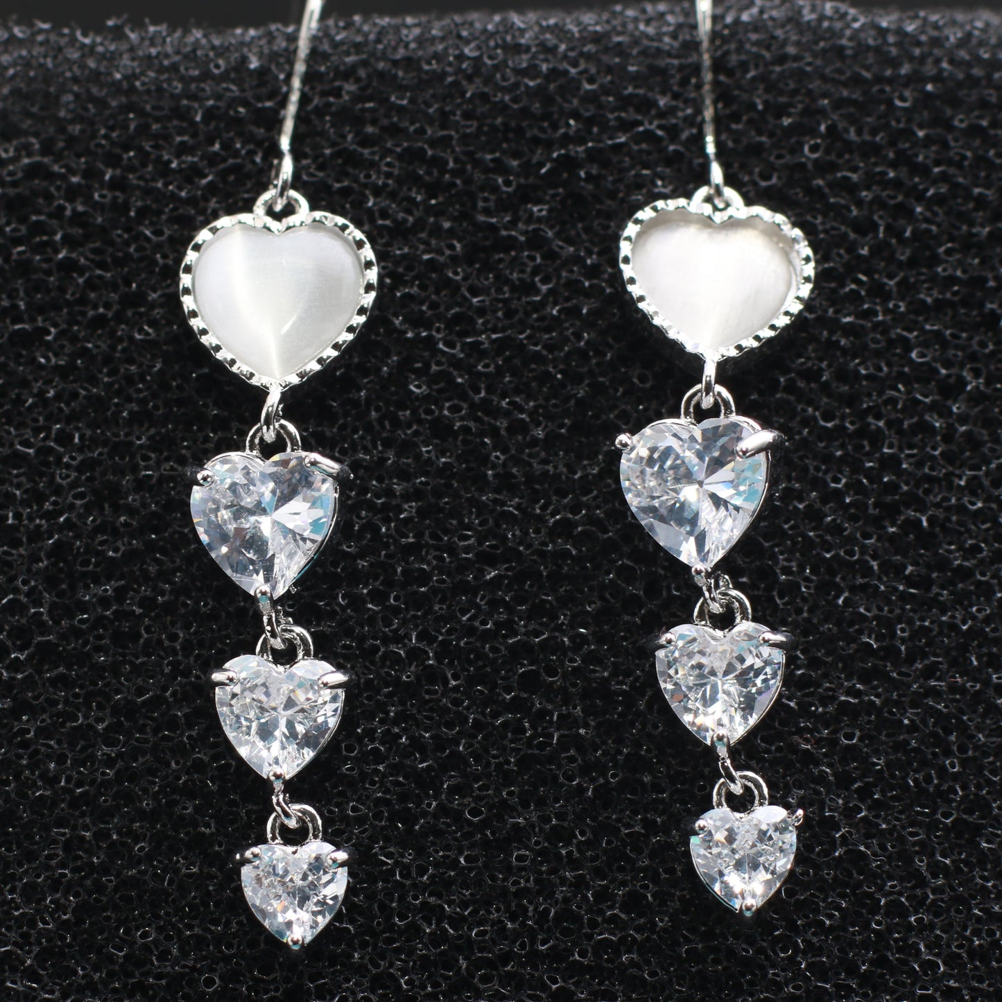 Silver Multi-Heart Dangler Earrings with CZ Stones
