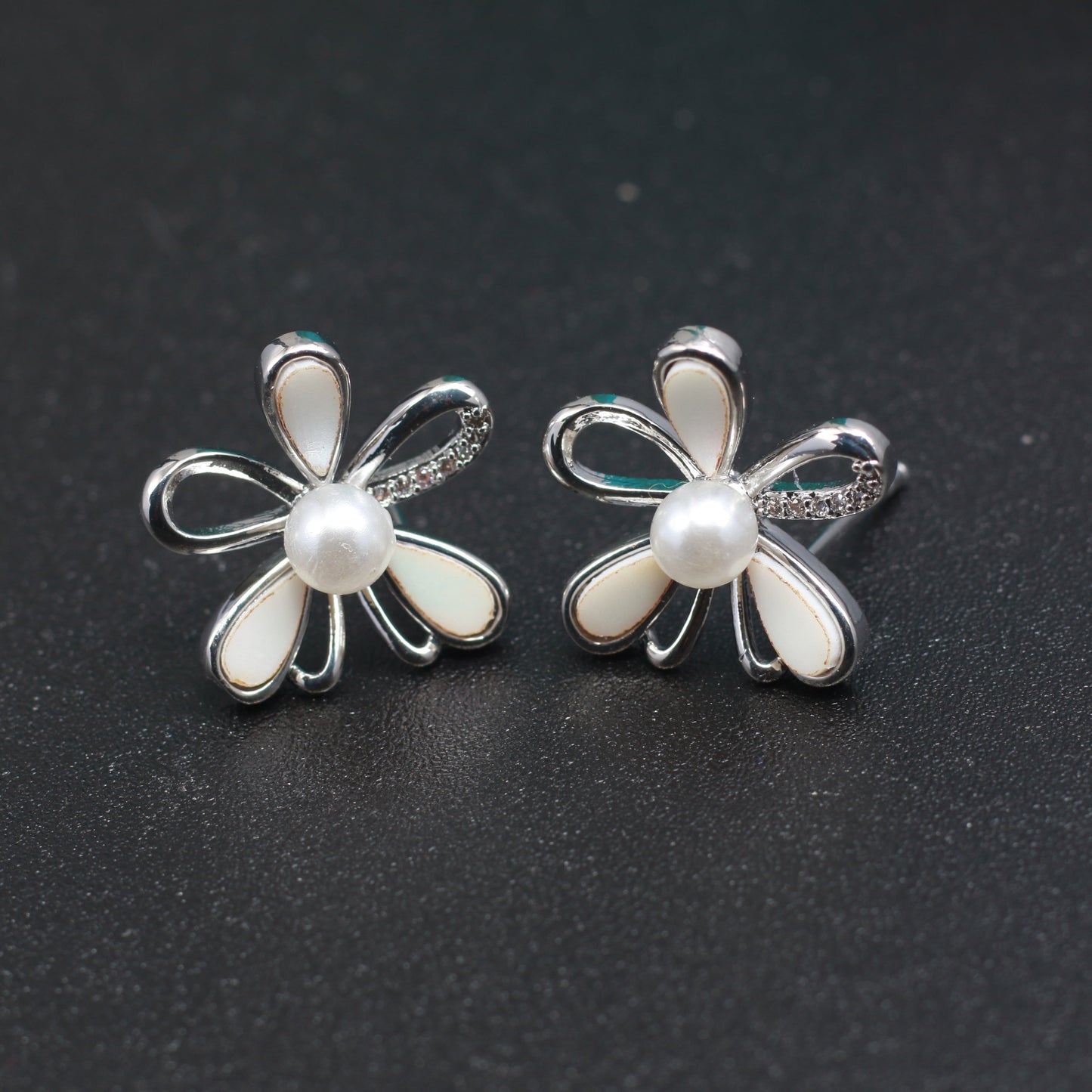Silver & White Enamel Floral Stud Earrings with Pearl Center