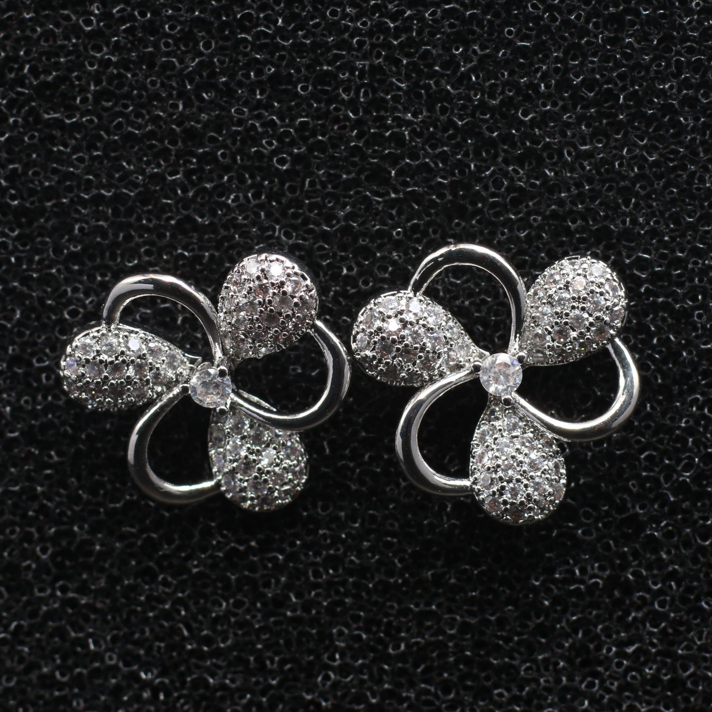 Silver Floral Stud Earrings with Micro CZ Embellishments