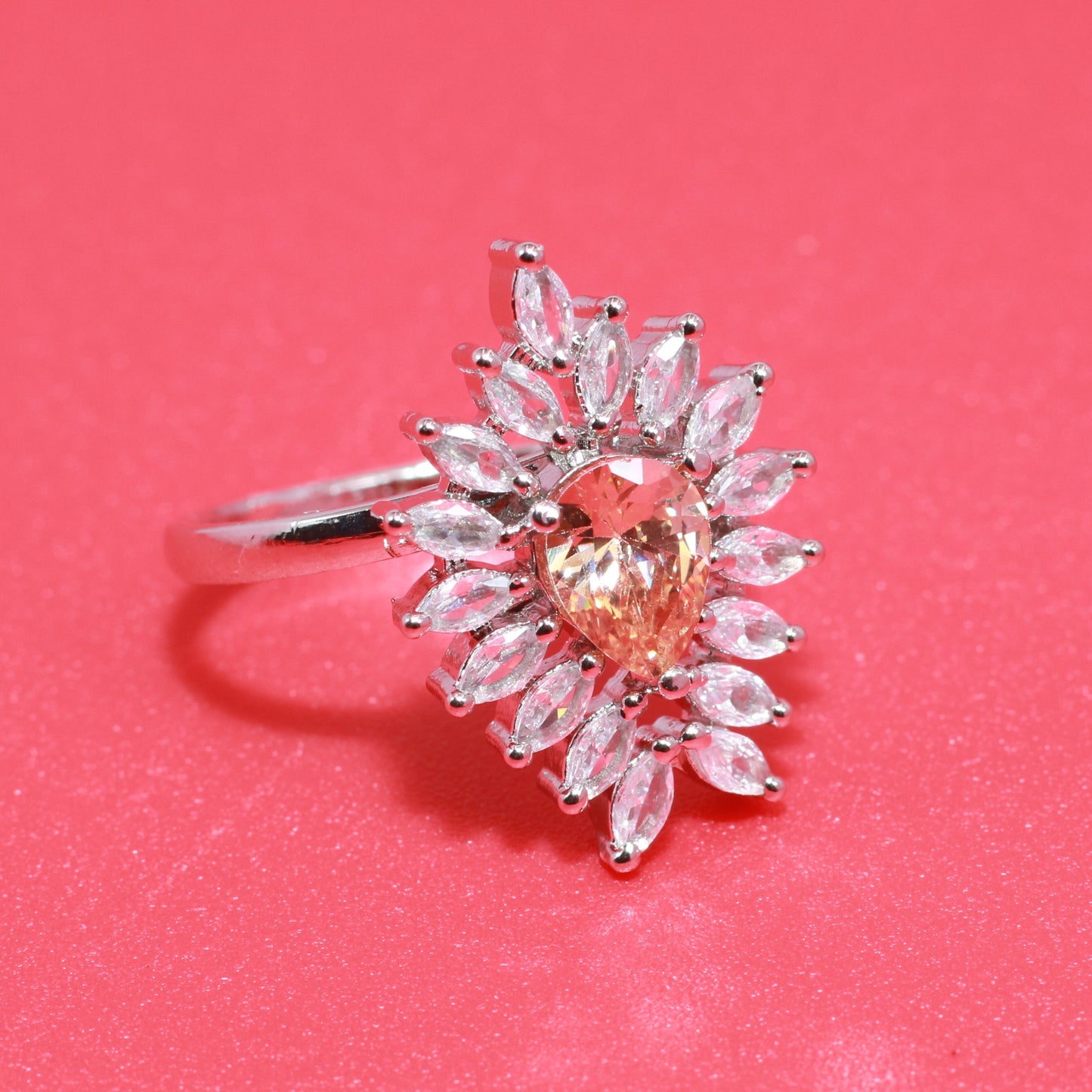 Peach Drop Halo Ring with White Marquise Crystals