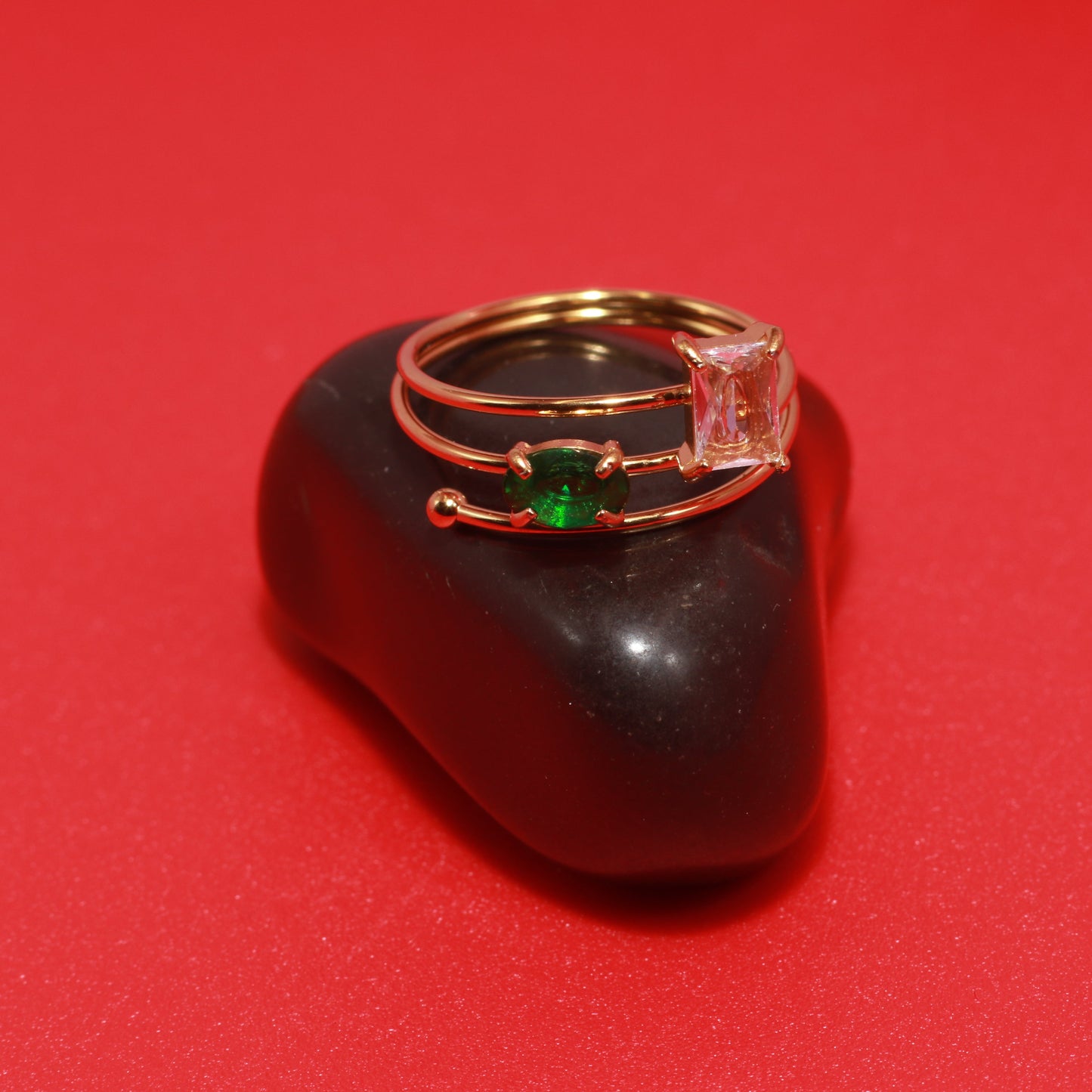 Twin Stone Spiral Ring in Green and White