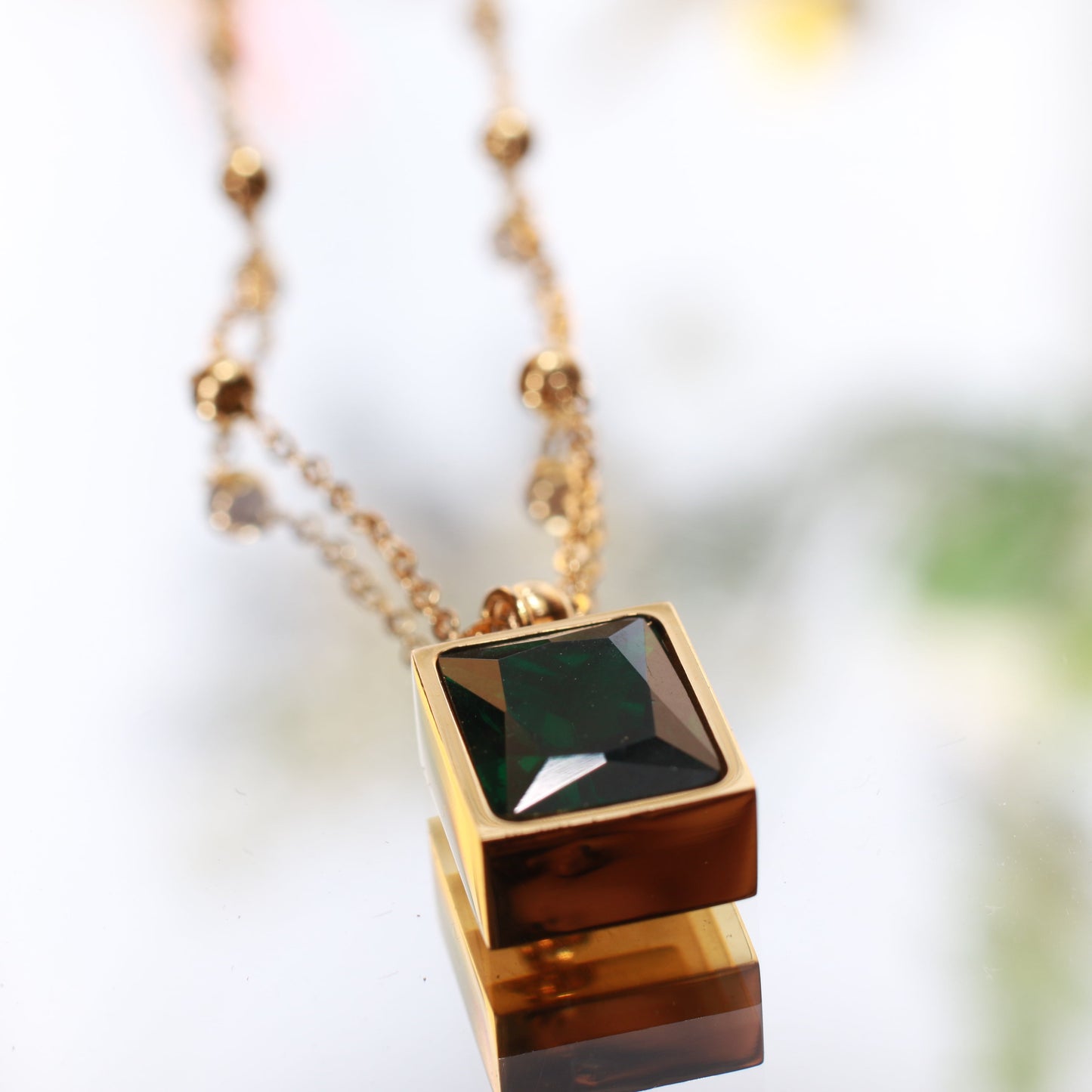 Emerald Green Rectangle Pendant with Gold Bead Chain