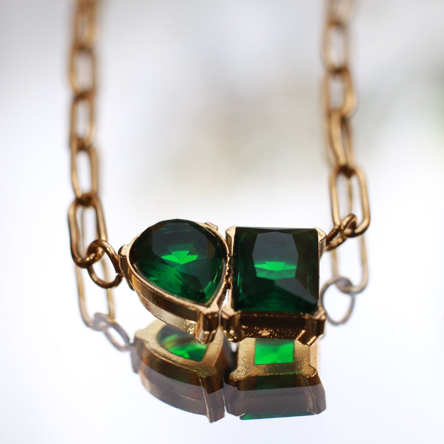 Statement Gold Chain Pendant with Emerald Green Stones