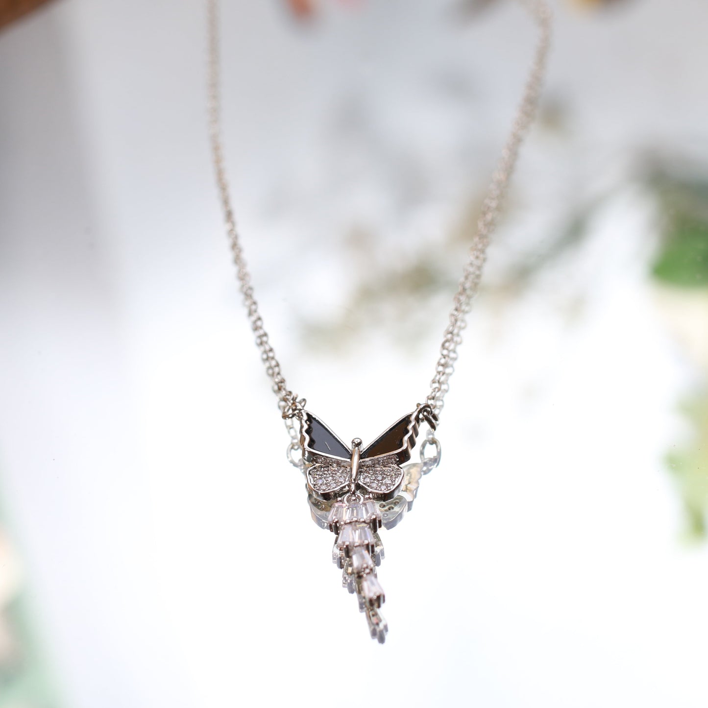 Silver Butterfly Pendant with Dangling Crystal Drops