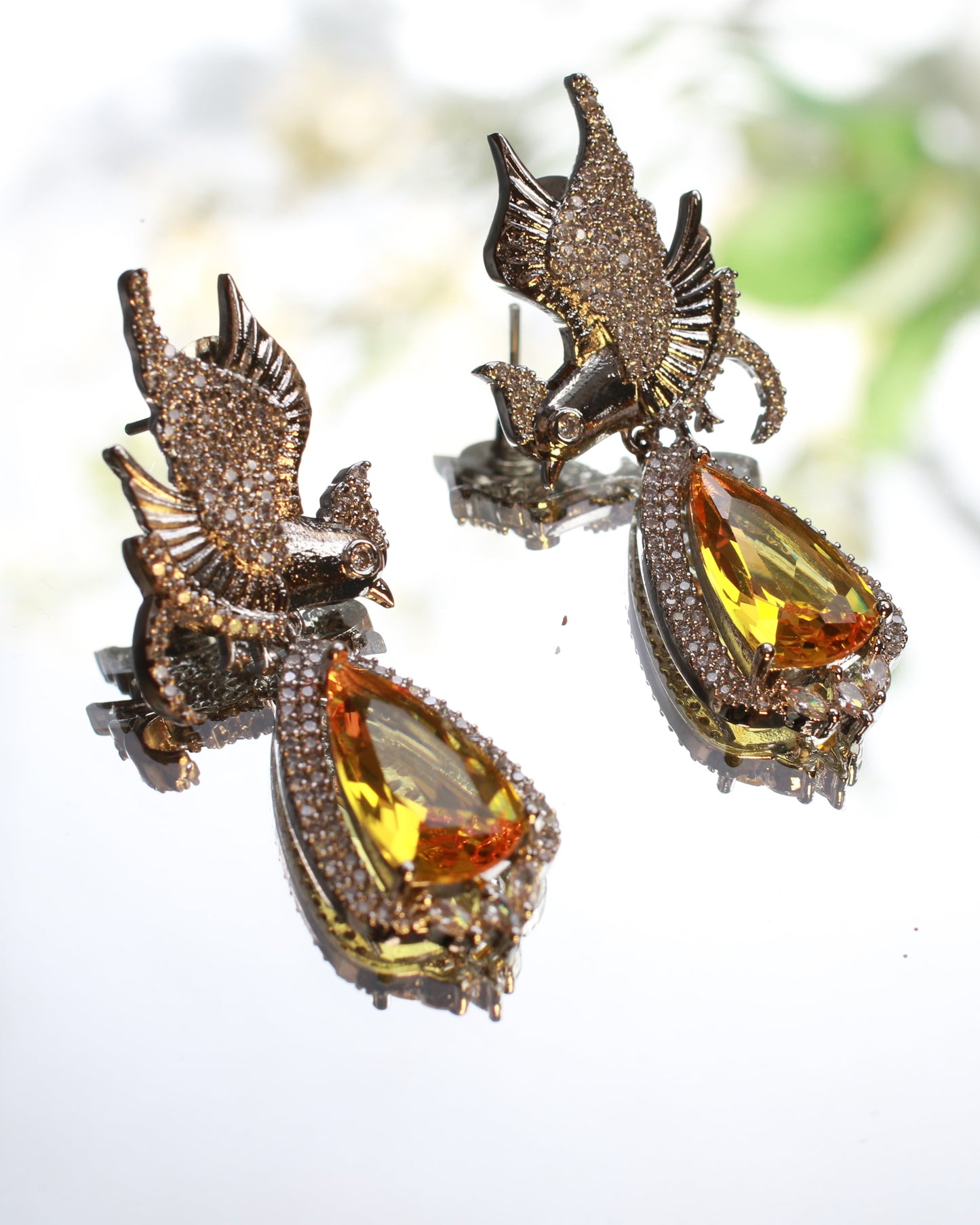 Silver-Tone Phoenix Earrings with Yellow Drop