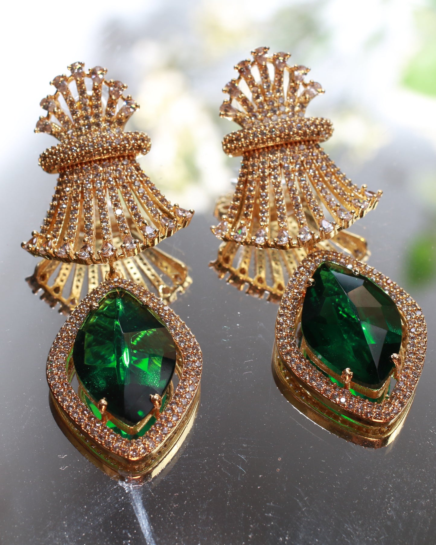 Emerald Green Diamond-Cut AD Earrings with Fan Top