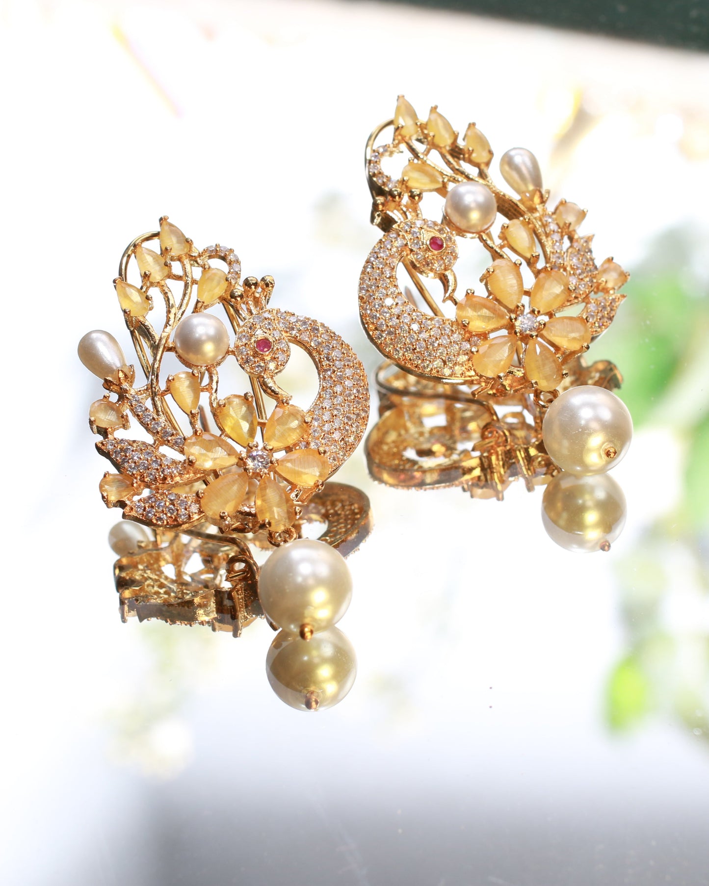 Floral Pearl Drop Gold Finish Premium AD Earrings