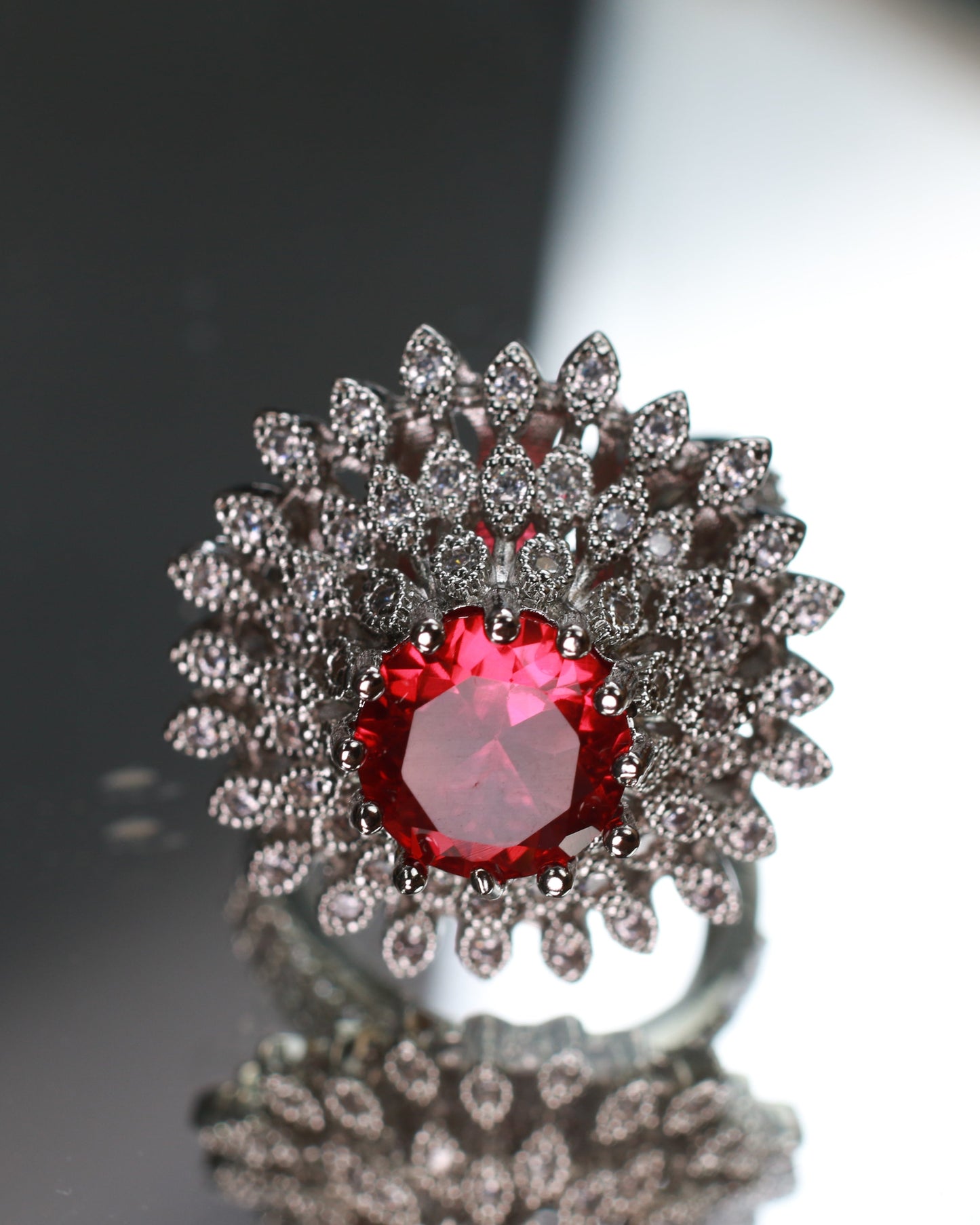 Bold Ruby Red Floral Ring with CZ Halo