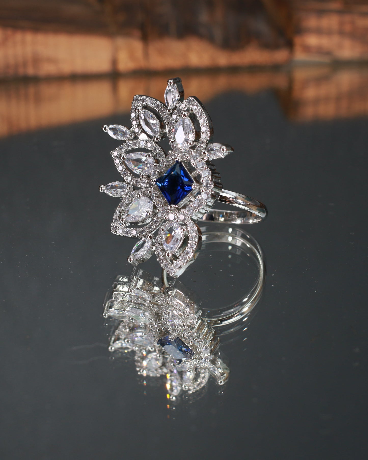 Peacock Motif Ring with Blue Stone and CZ Accents