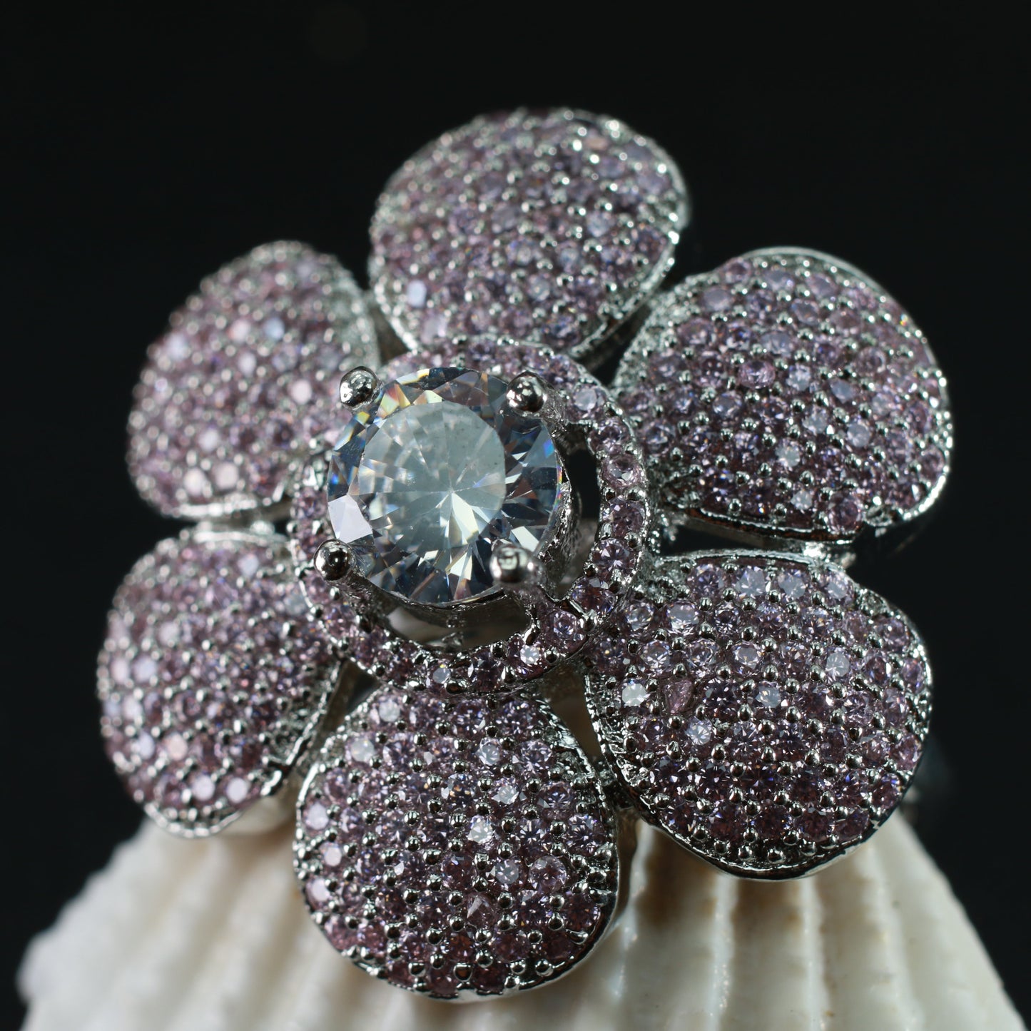 Lavender Flower Ring with Diamond Center
