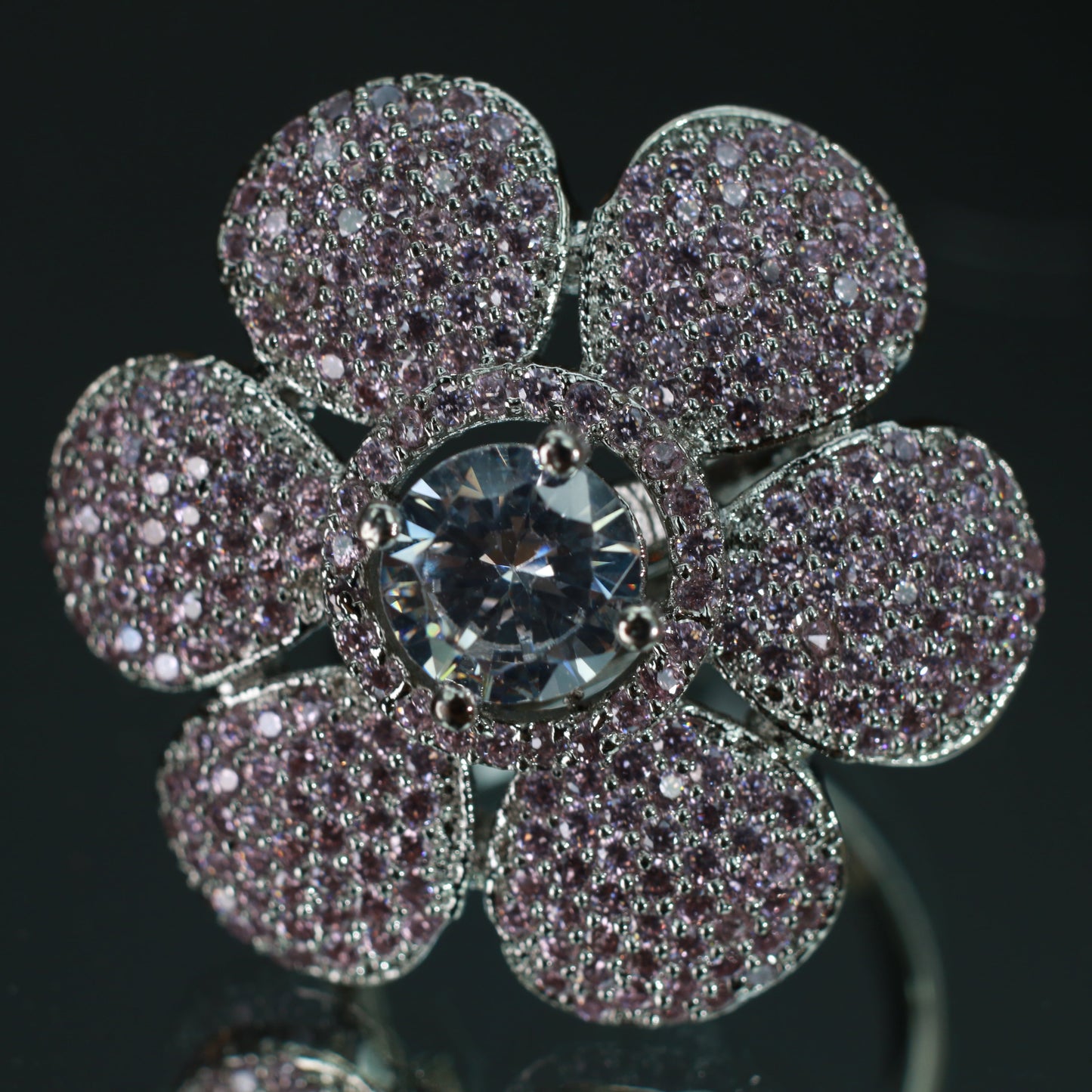 Lavender Flower Ring with Diamond Center