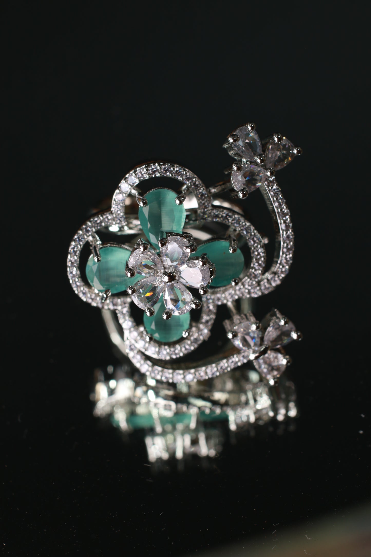 Green Floral Butterfly Adjustable Ring