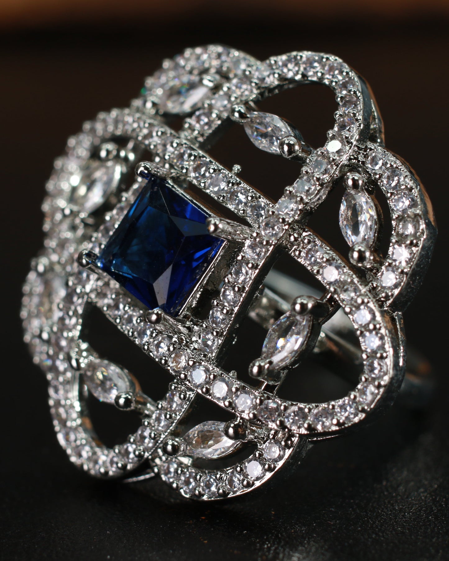 Blue CZ Grid Statement Ring