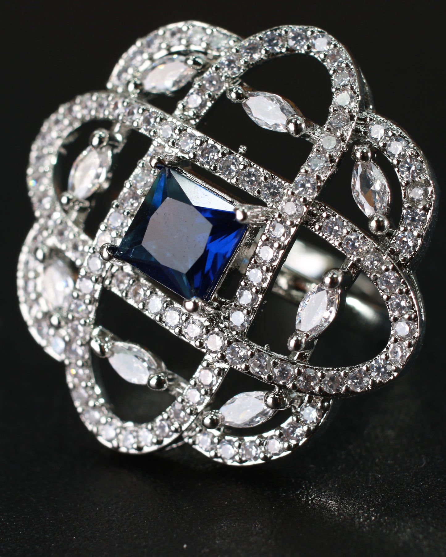 Blue CZ Grid Statement Ring
