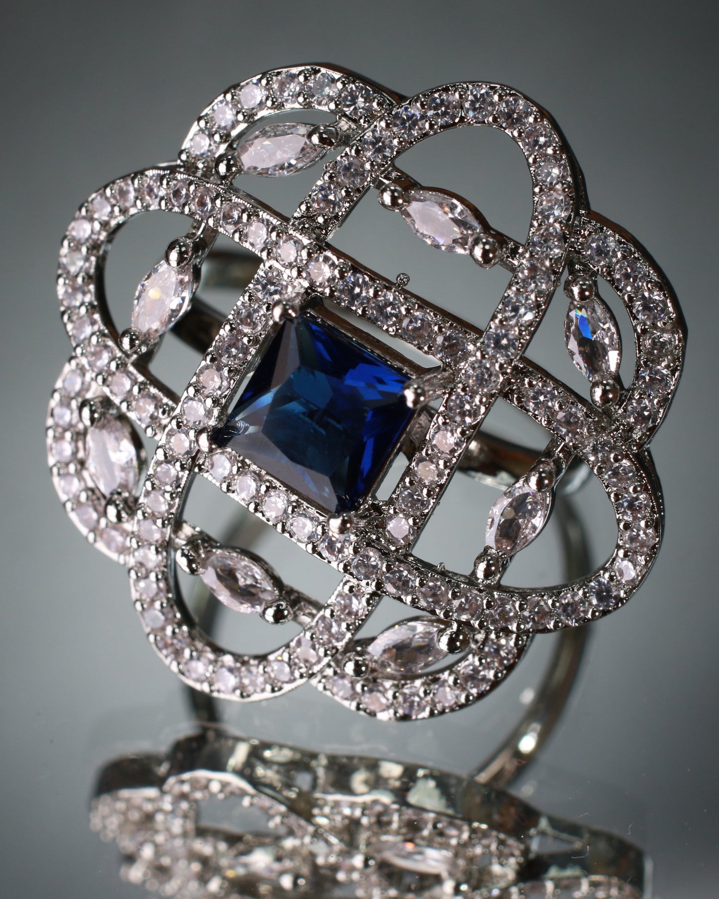 Blue CZ Grid Statement Ring