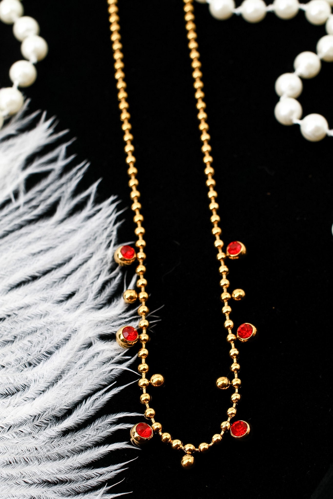 Red crystal ball chain necklace, gold plated titanium steel – additional angle