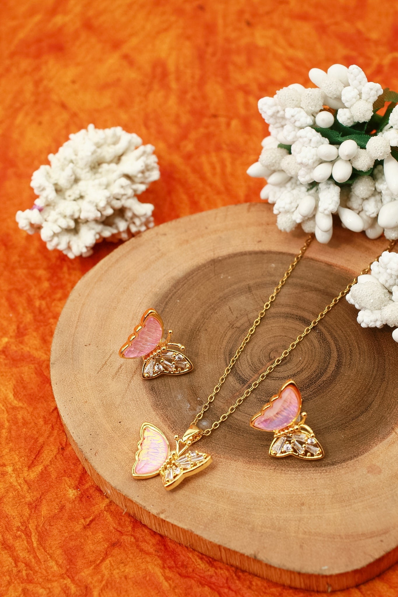 Butterfly zircon pendant necklace and matching stud earrings set, gold plated – full length view