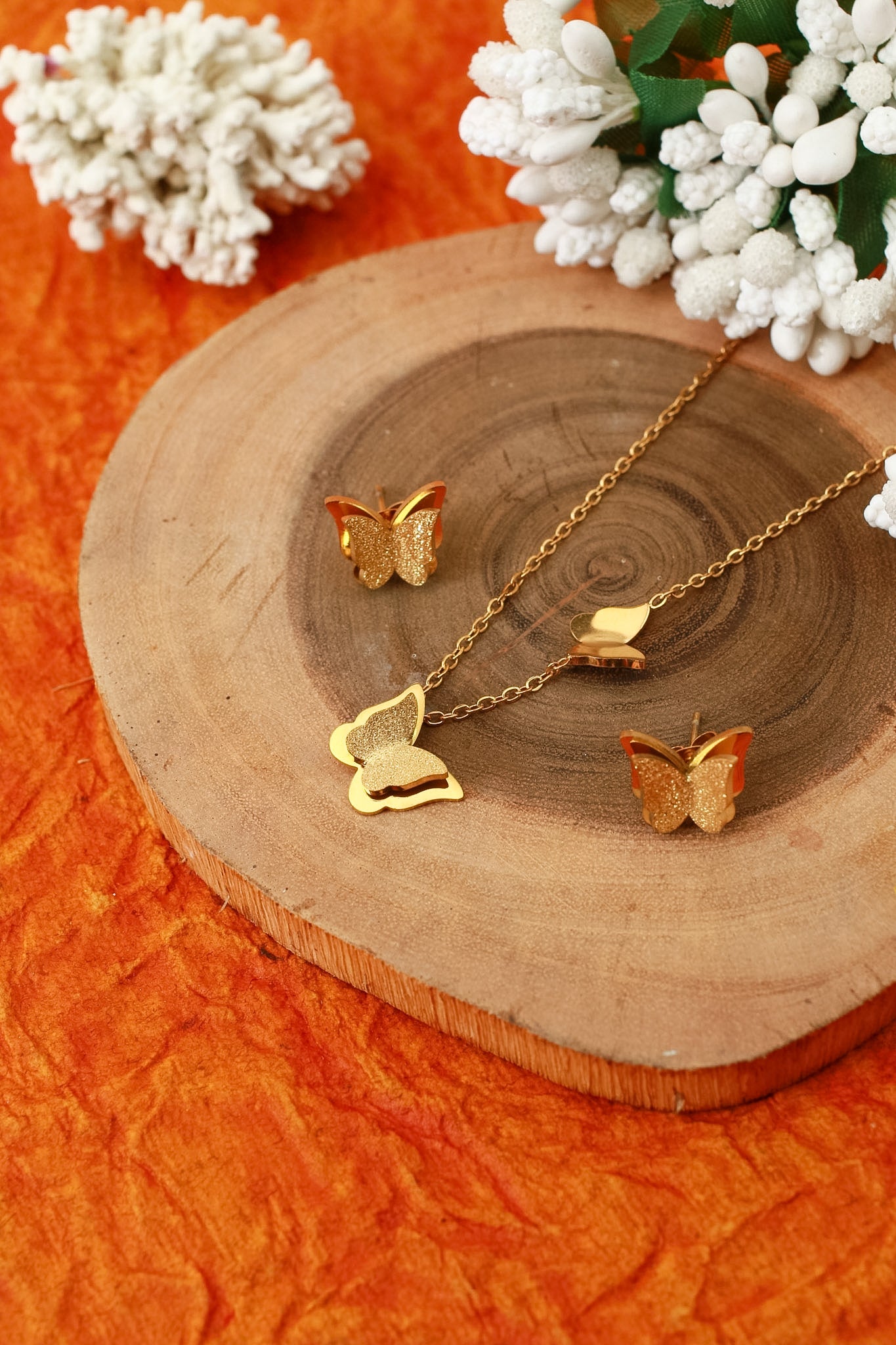 Butterfly duo pendant necklace and matching stud earrings set, 18K gold plated – full length view