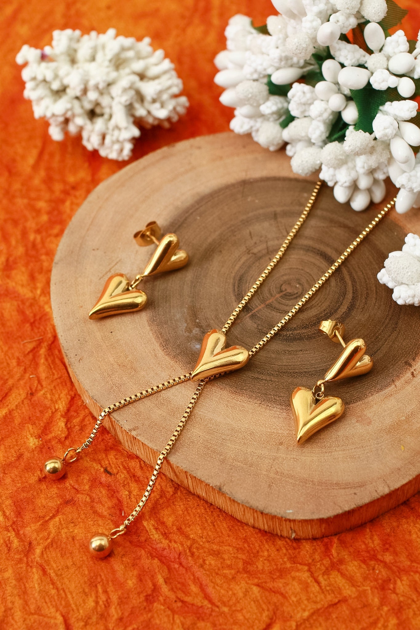 Heart tassel pendant necklace and matching earrings set, 18K gold plated – full length view