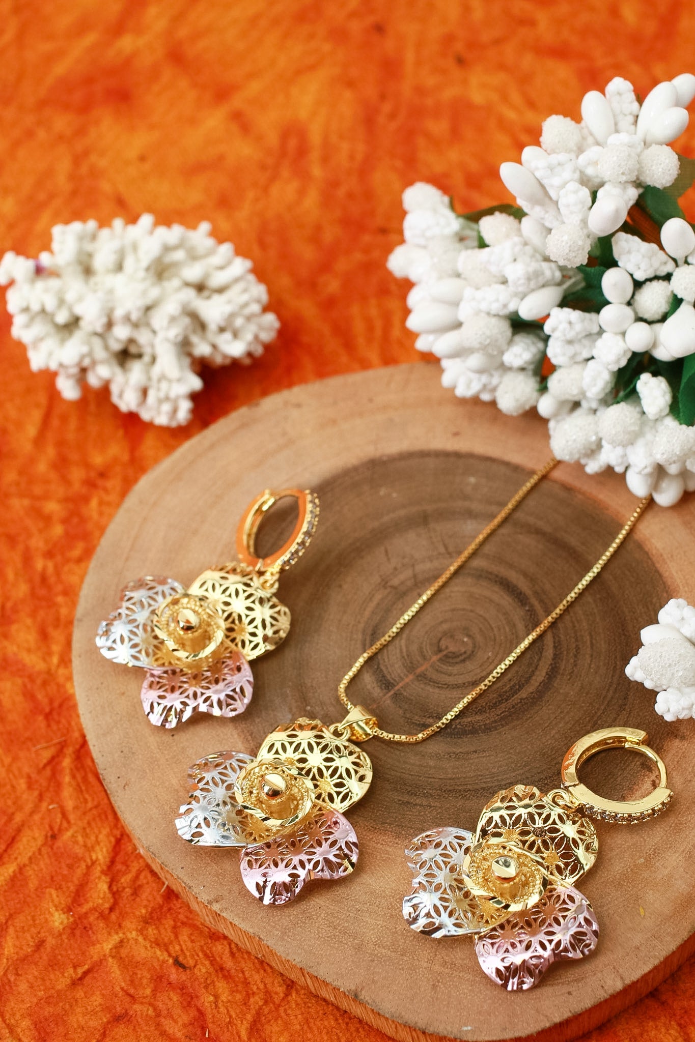 Floral cluster pendant necklace and matching stud earrings set, gold tone – additional angle