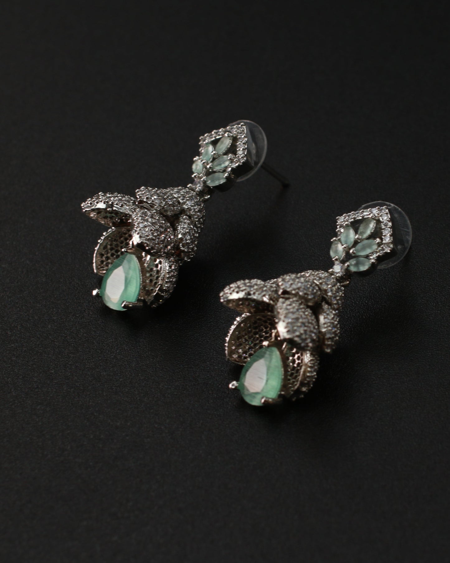 Floral Drop Earrings with Mint Green Gemstone & Pave CZ – Designer Statement Jewelry