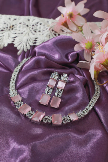Pastel Pink Rectangular AD Necklace Set