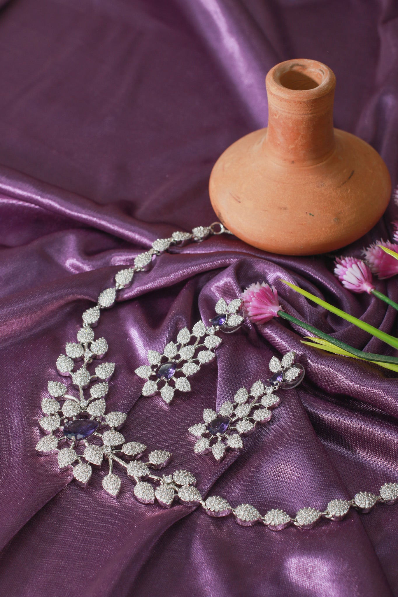 Midnight Floral Silver Bridal Necklace Set