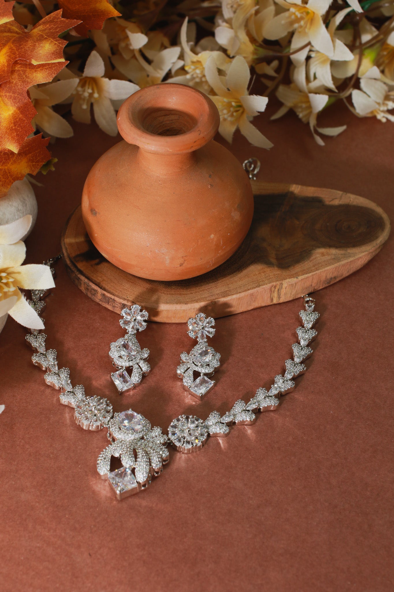 Princess Cut White Floral Necklace Set