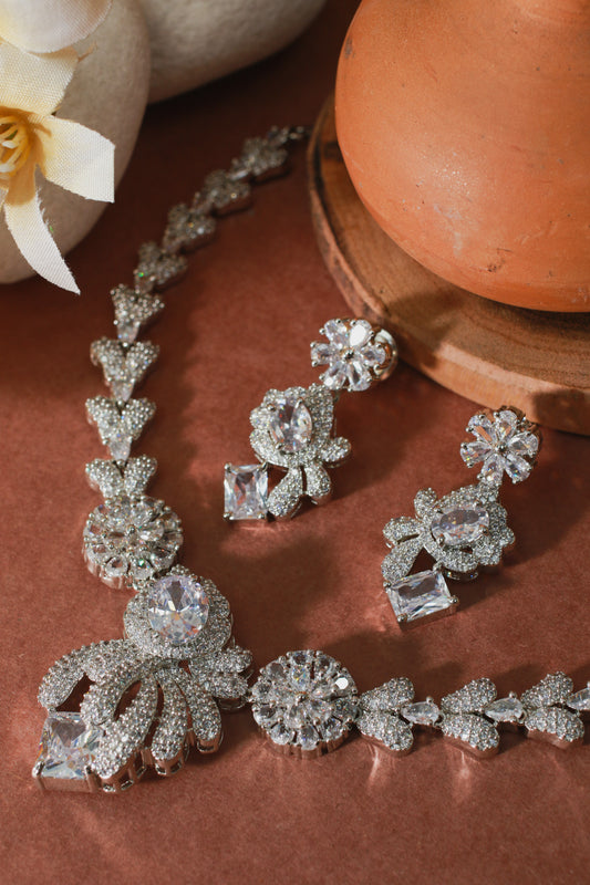 Princess Cut White Floral Necklace Set