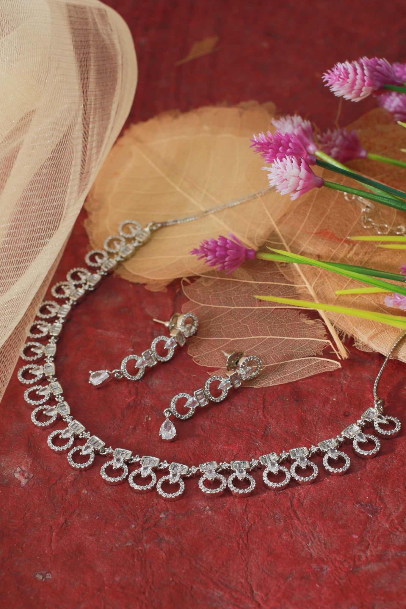 Silver Circle Drop AD Necklace Set