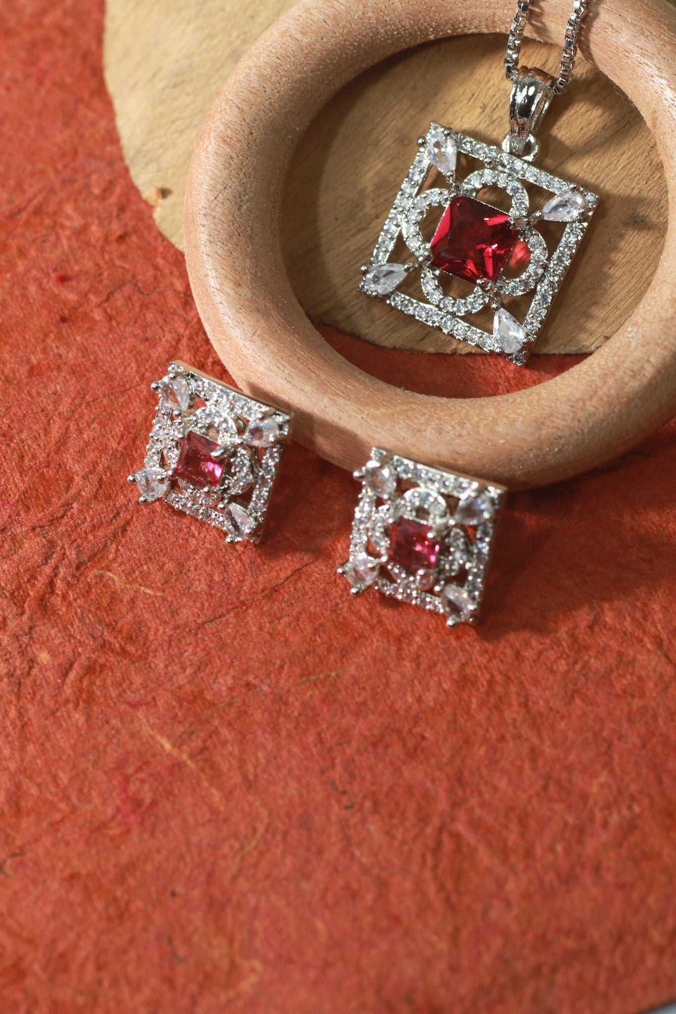 Square Ruby Classic Pendant Set