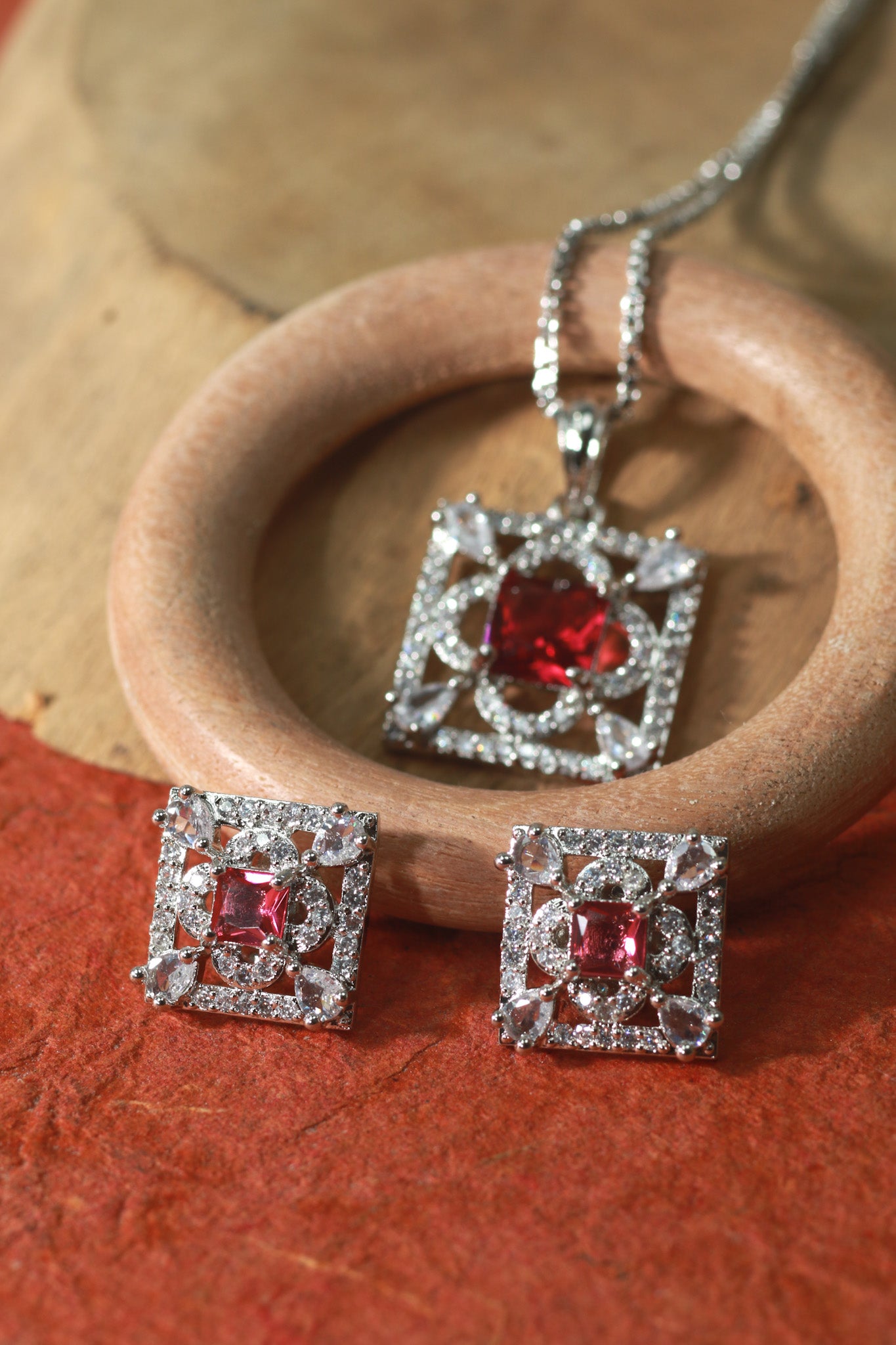 Square Ruby Classic Pendant Set