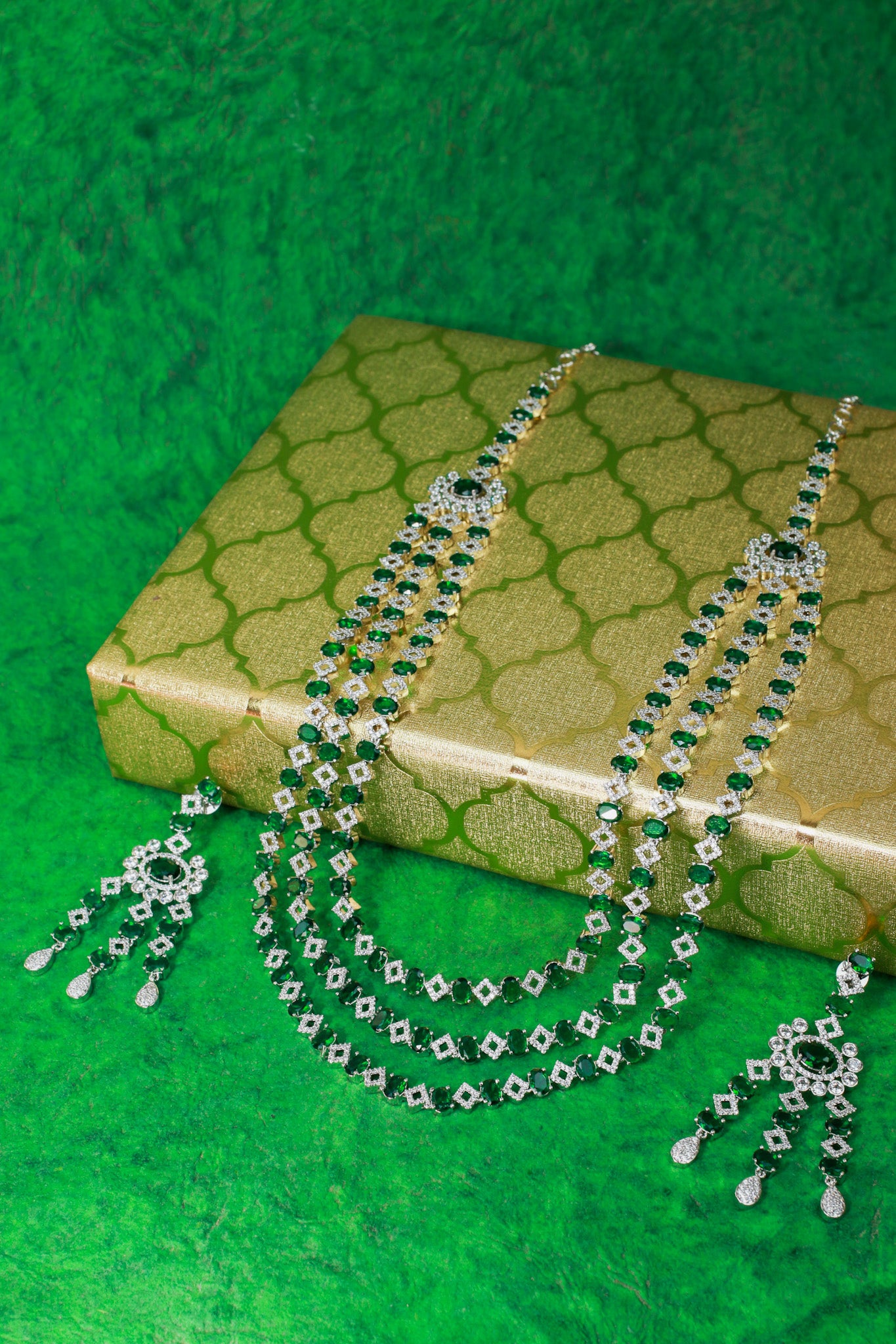 Emerald Layered Ranihaar Style Necklace Set