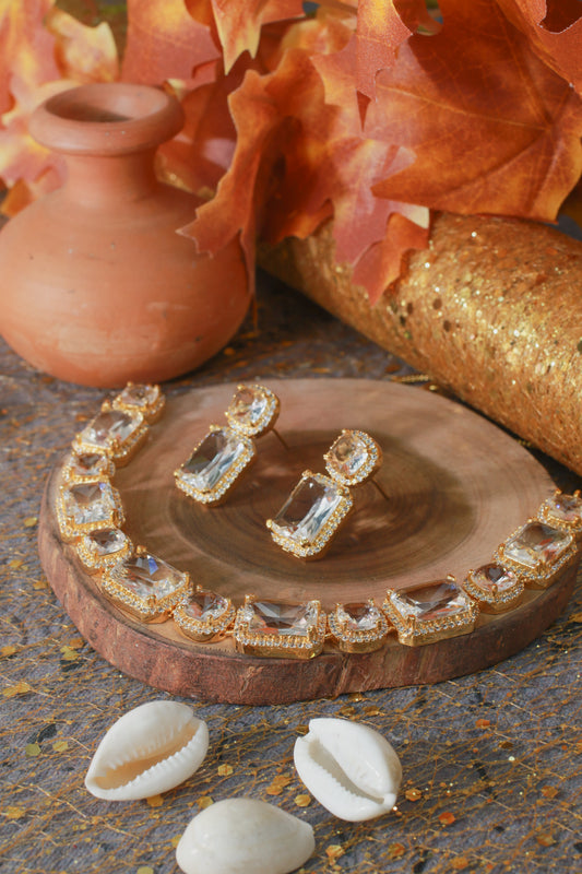 Champagne Gold AD Necklace Set | Elegant Cubic Zirconia Jewelry