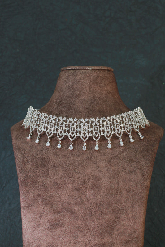 Silver-Plated Stone Choker Set with Drop Earrings