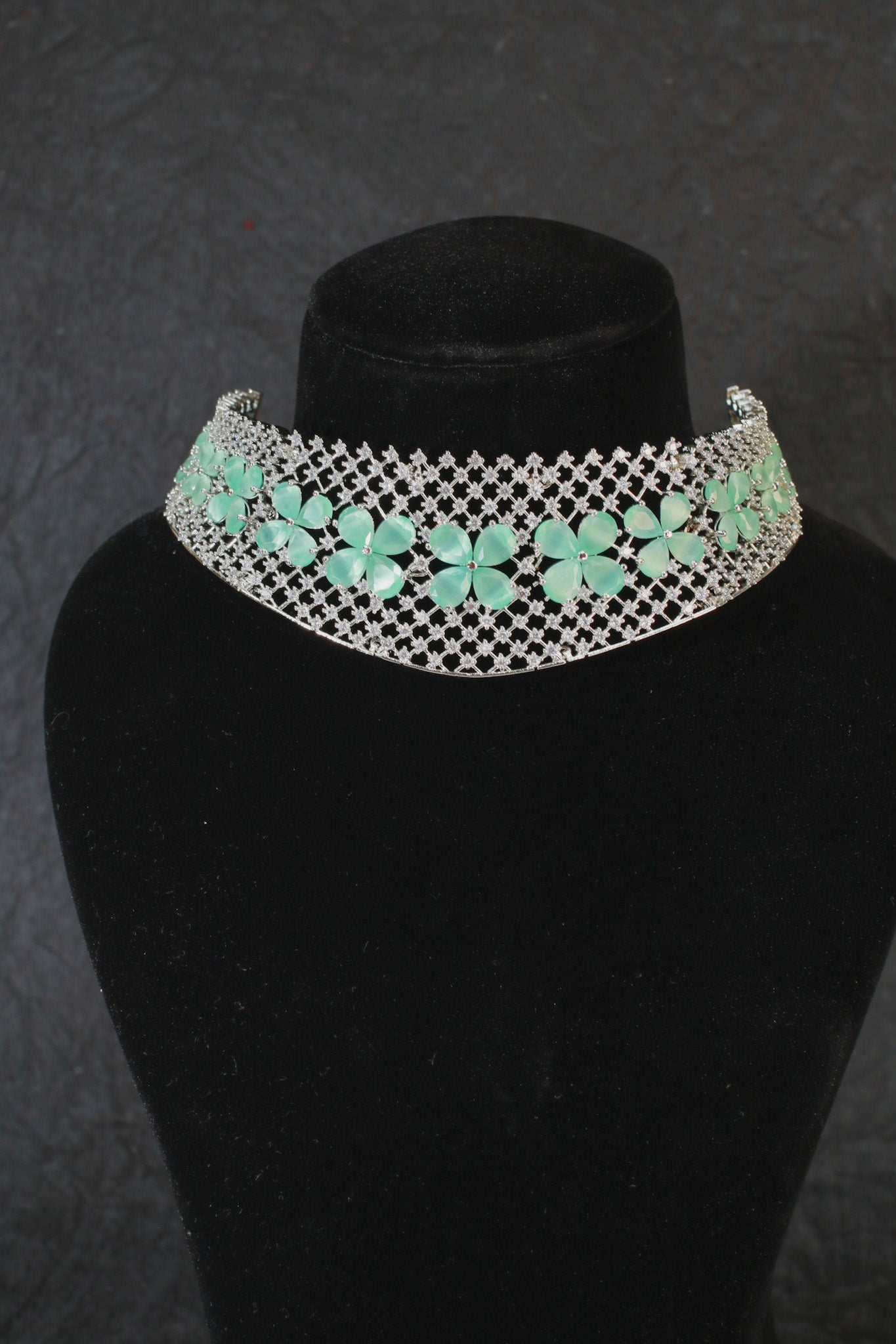 Mint Green Floral AD Choker Necklace with Maangtika | Wedding Set