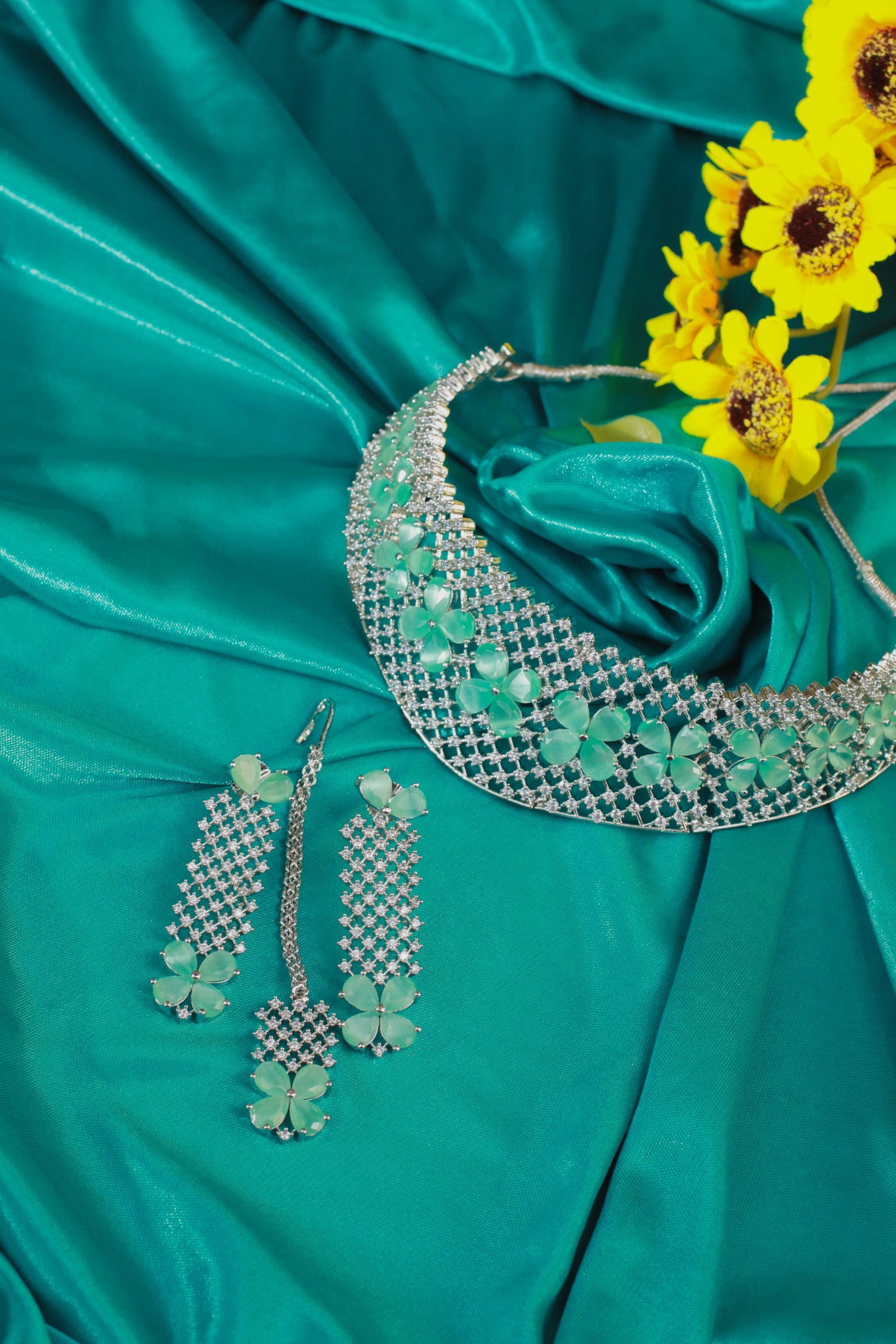 Mint Green Floral AD Choker Necklace with Maangtika | Wedding Set