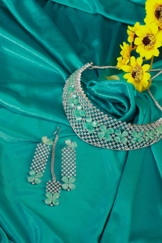Mint Green Floral AD Choker Necklace with Maangtika | Wedding Set