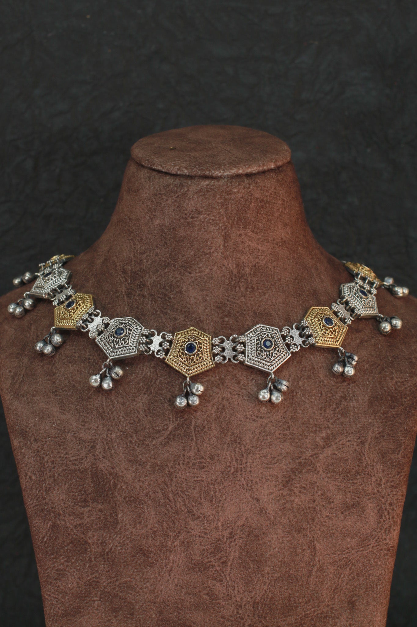 Pentagon Motif Oxidised Pendant Necklace in Dual Tone