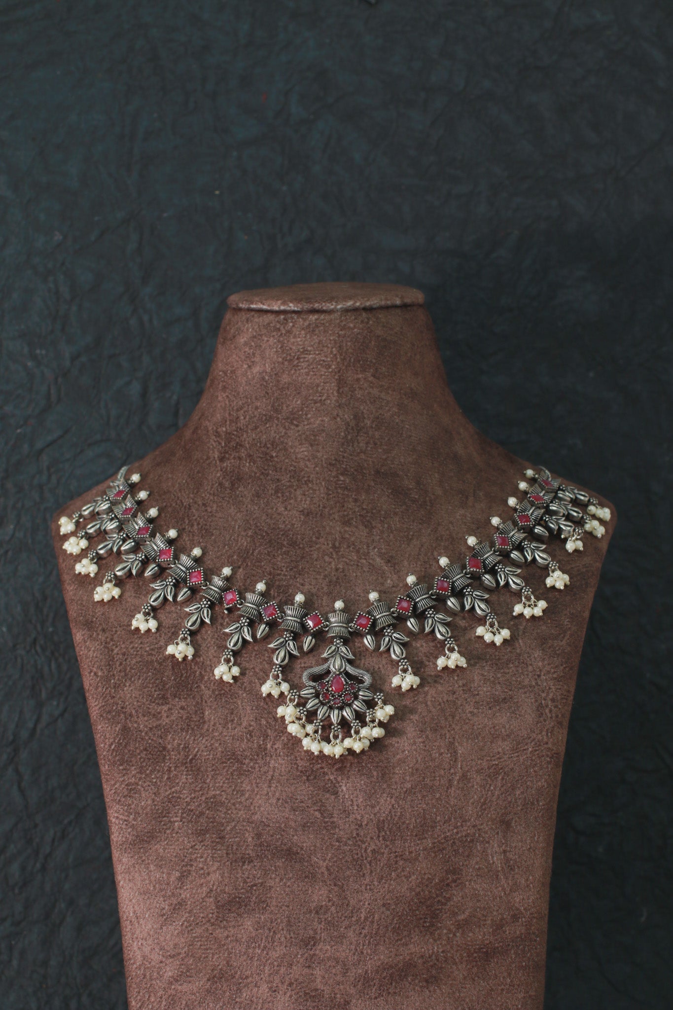 Antique Maroon Floral Drop Necklace for Ethnic Wear